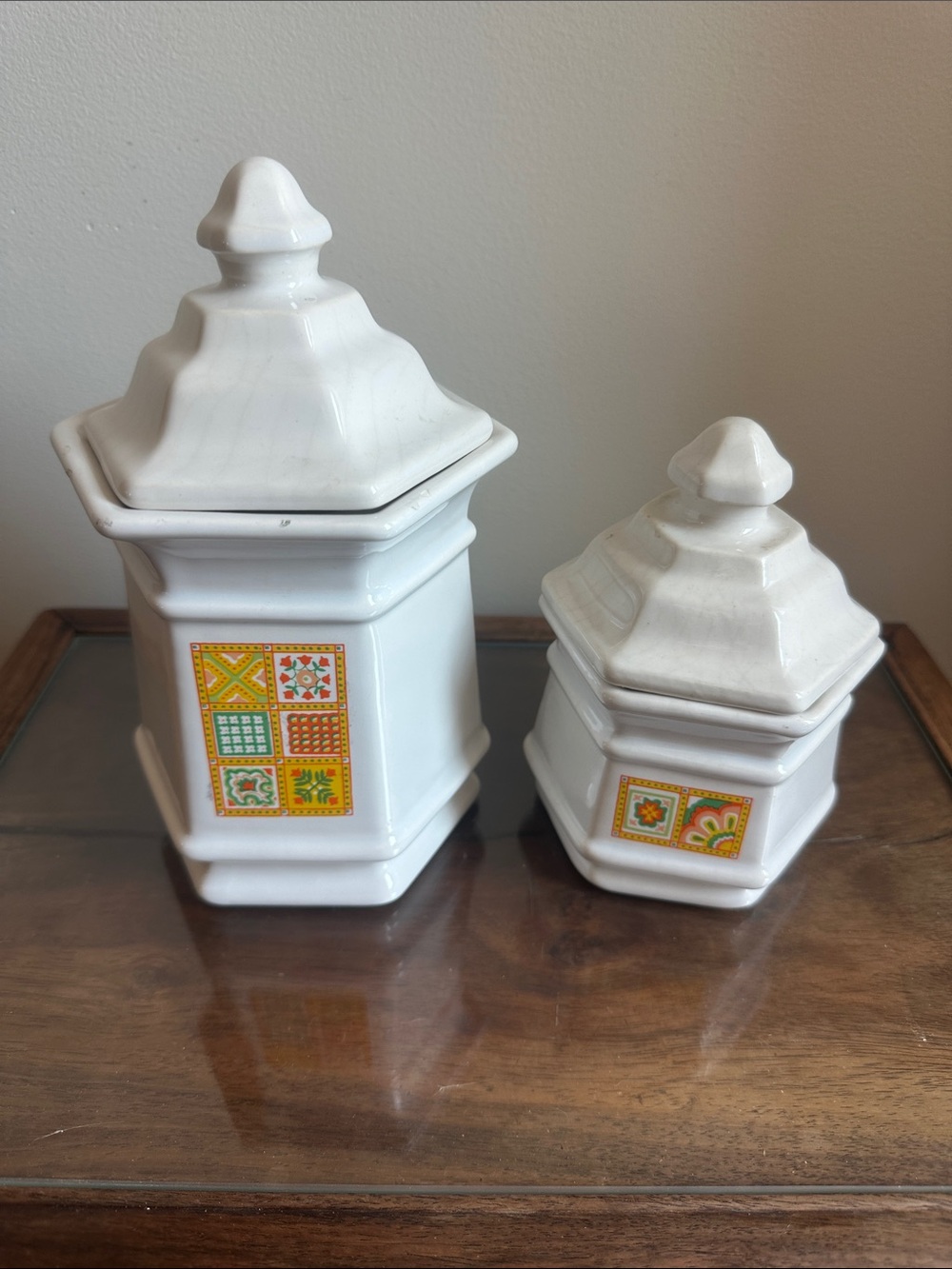 Vintage 1970s Avon White Ceramic Patchwork Quilt Canister Set of 2